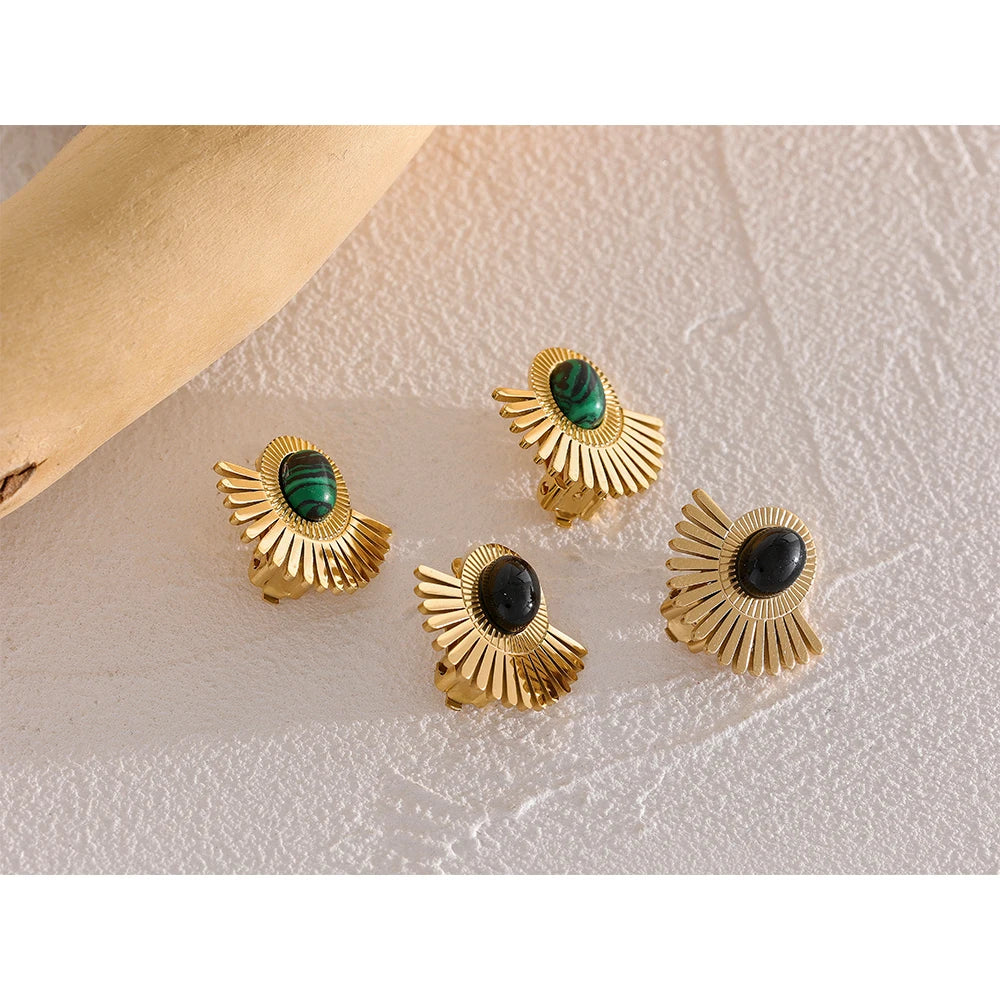Black Stone Sunflower Clip-On Earrings