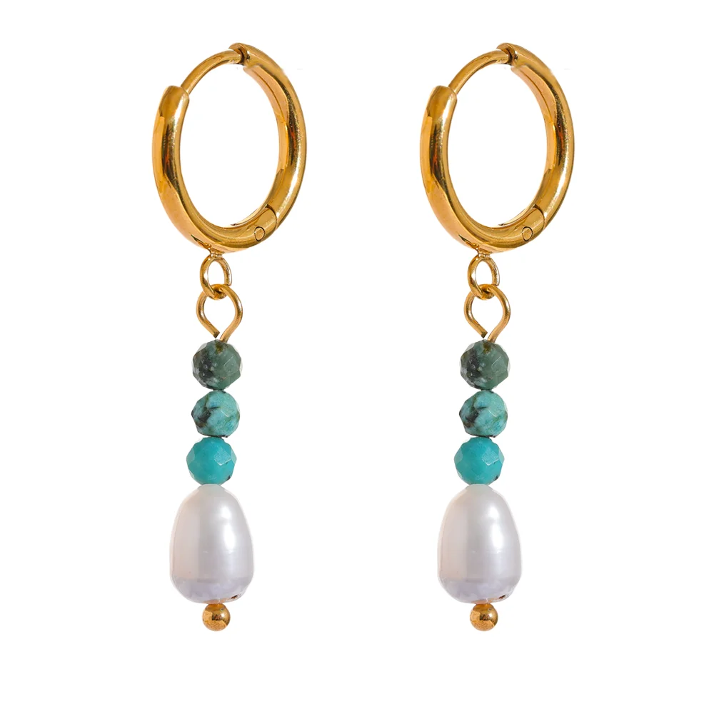 Natural Stone & Freshwater Pearl Drop Hoop Earrings