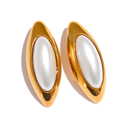 Elegant Oval Pearl Stud Earrings – Gold Stainless Steel Statement Jewelry
