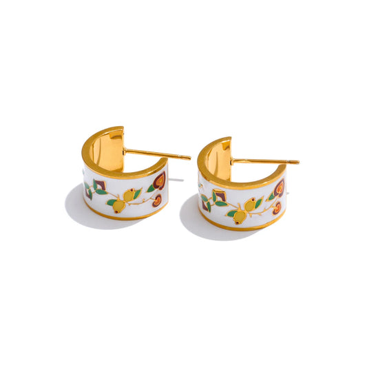 White Enamel Flower C-Shape Hoop Earrings – 18K Gold Plated
