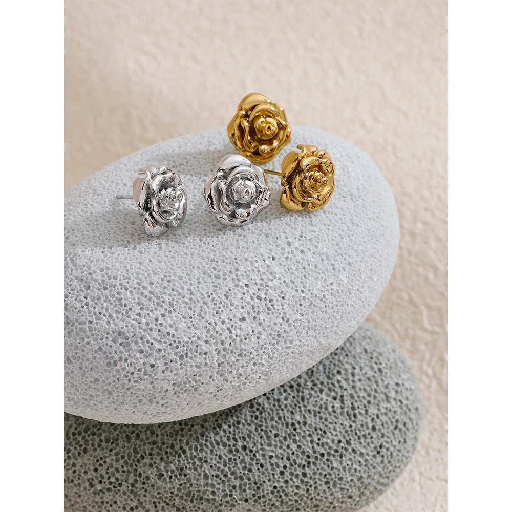 Gold Rose Flower Stud Earrings