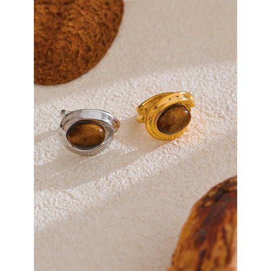 Natural Tiger Stone Stainless Steel Ring