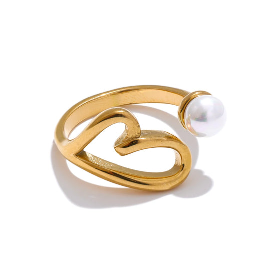 Hollow Heart Pearl Adjustable Ring
