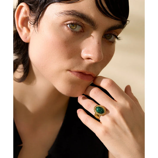 Wide Chunky Stainless Steel Ring with Inlaid Tiger Eye Stone