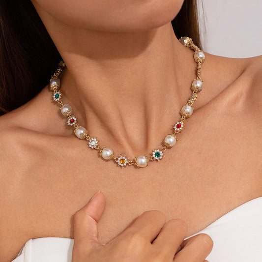 Elegant Imitation Pearl Rhinestone Choker- Gothic Statement Necklace
