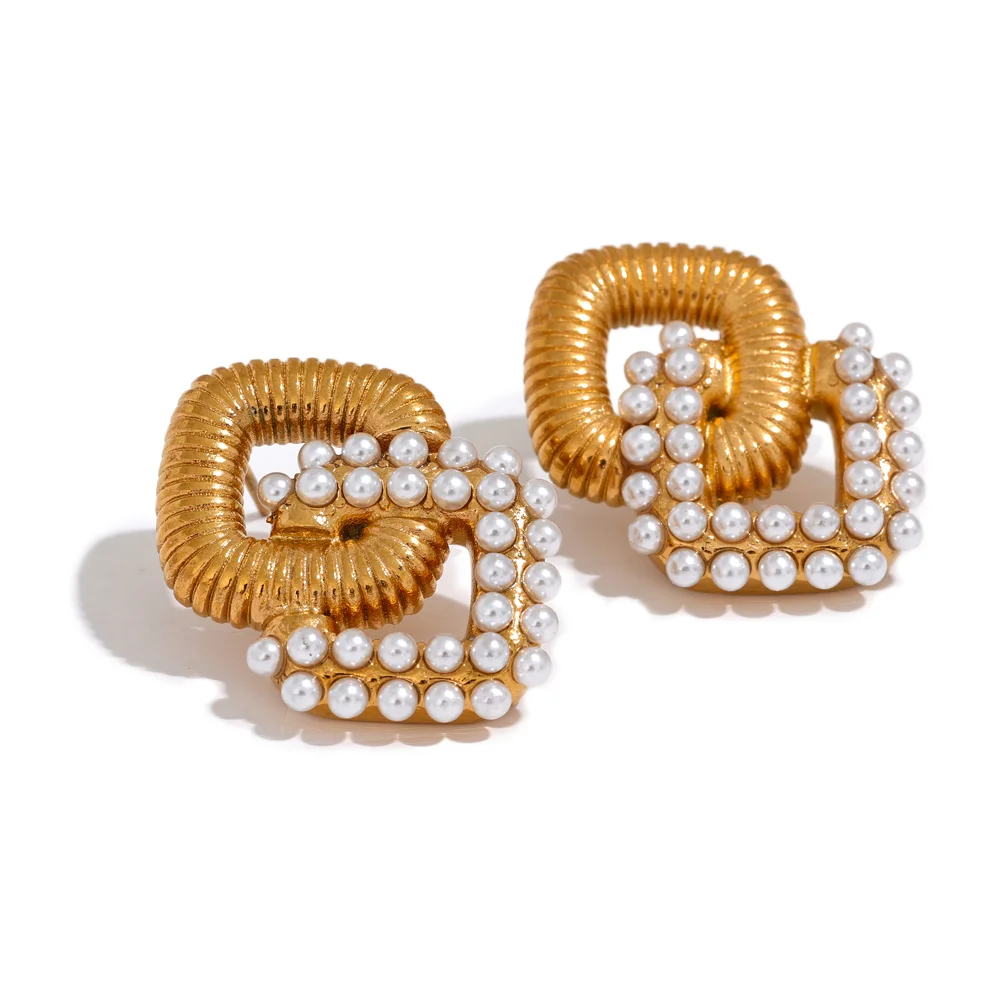 Vintage Square Pearl & CZ Stud Earrings