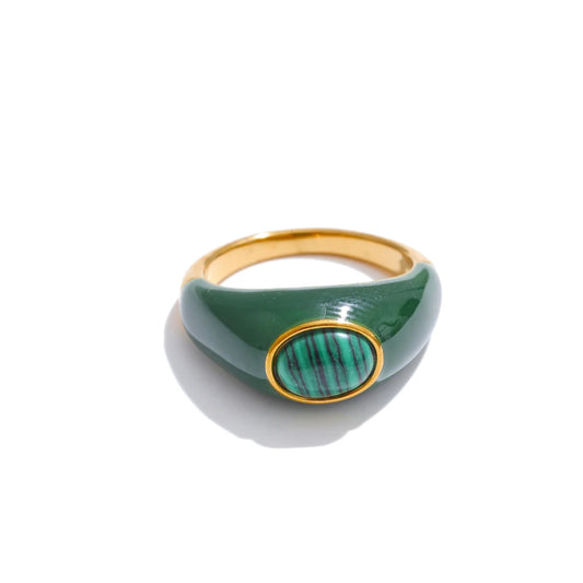 White & Green Enamel Malachite Shell Fashion Ring