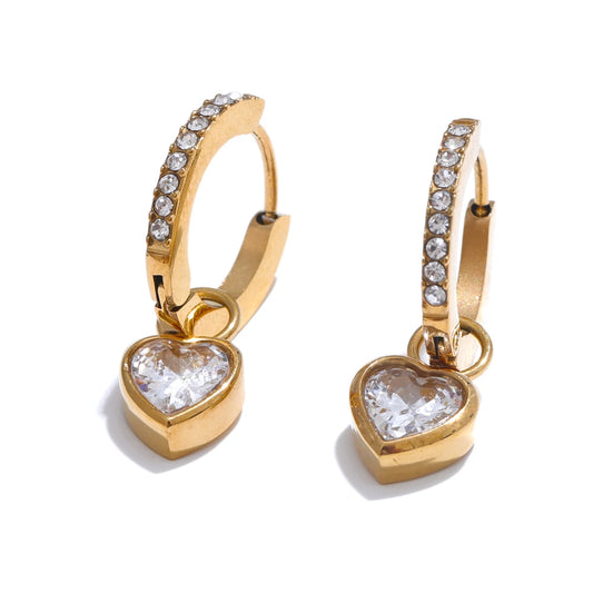 CZ Heart Drop Hoop Earrings