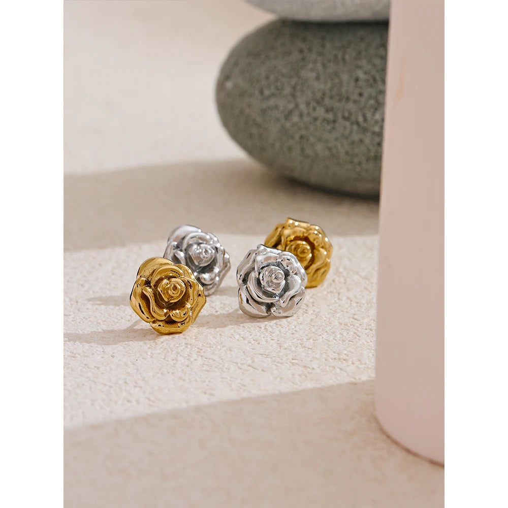 Gold Rose Flower Stud Earrings