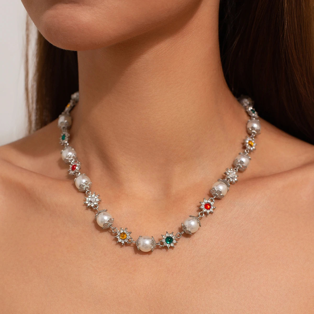 Elegant Imitation Pearl Rhinestone Choker- Gothic Statement Necklace