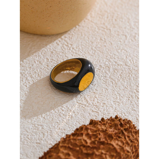 Stainless Steel Black Enamel Geometric Ring