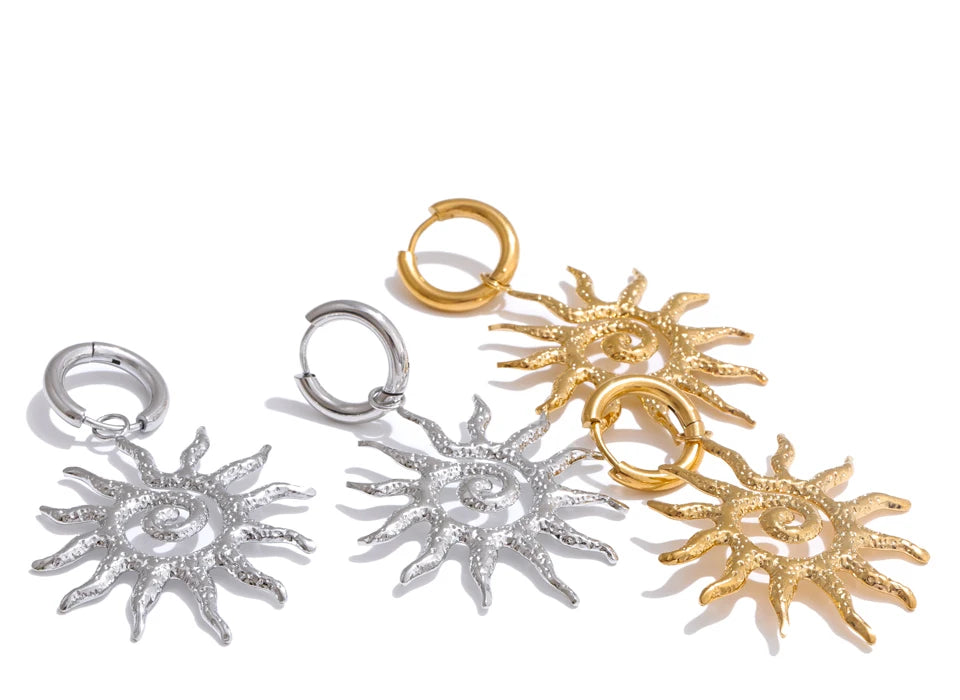 Stainless Steel Sun Drop Necklace & Hoop Earrings Set