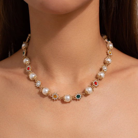 Elegant Imitation Pearl Rhinestone Choker- Gothic Statement Necklace