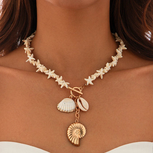 Boho White Starfish & Conch Shell Pendant Necklace