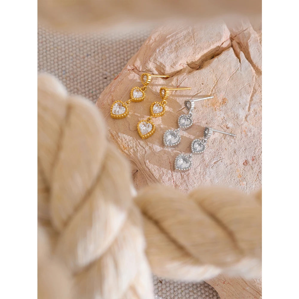 Delicate CZ Heart Drop Earrings