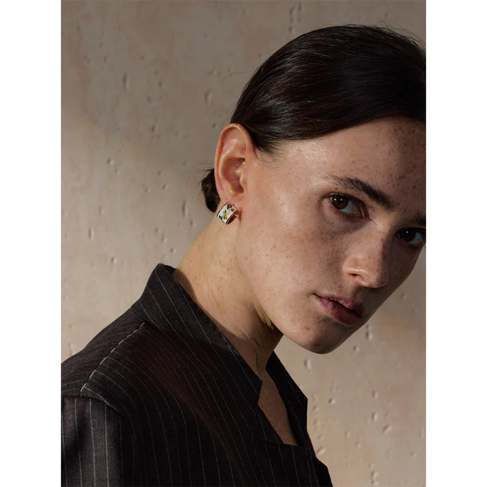 White Enamel Flower C-Shape Hoop Earrings – 18K Gold Plated