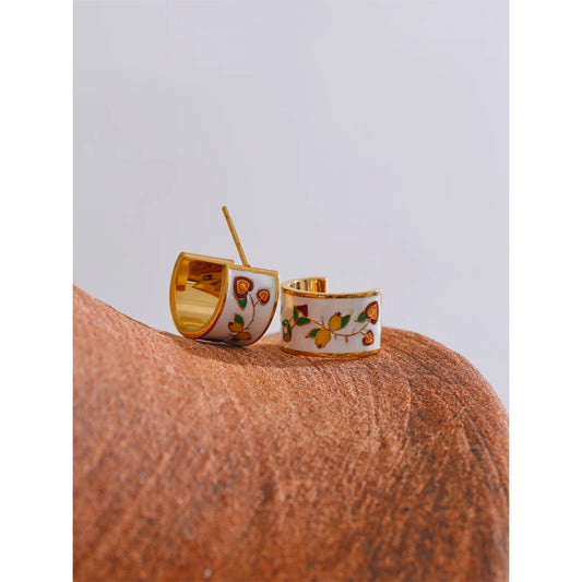White Enamel Flower C-Shape Hoop Earrings – 18K Gold Plated