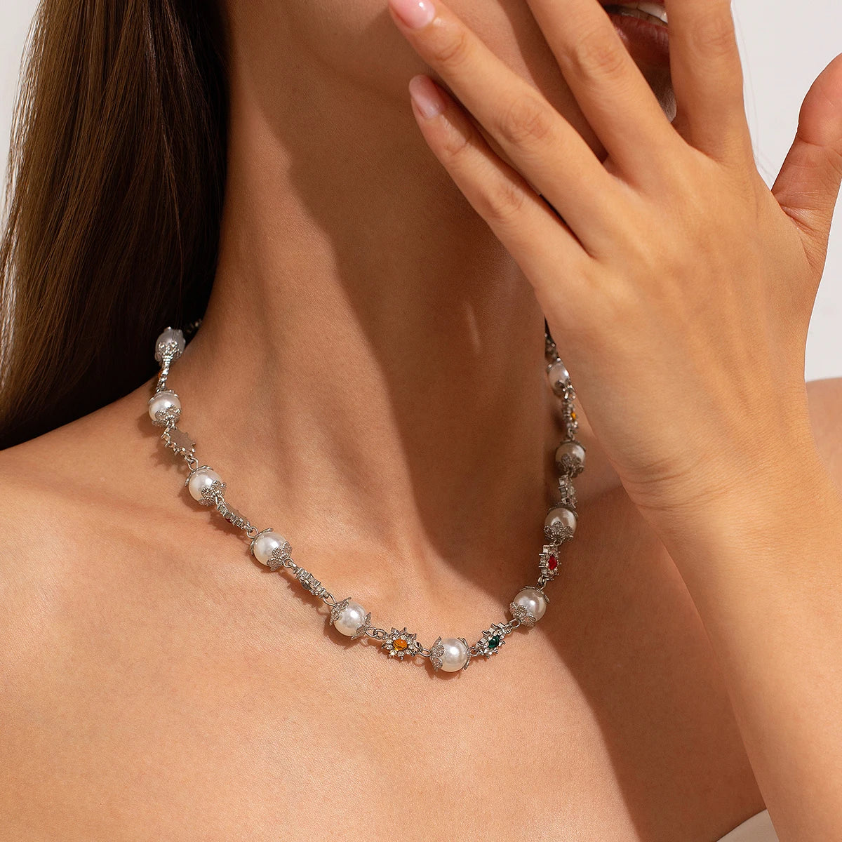 Elegant Imitation Pearl Rhinestone Choker- Gothic Statement Necklace