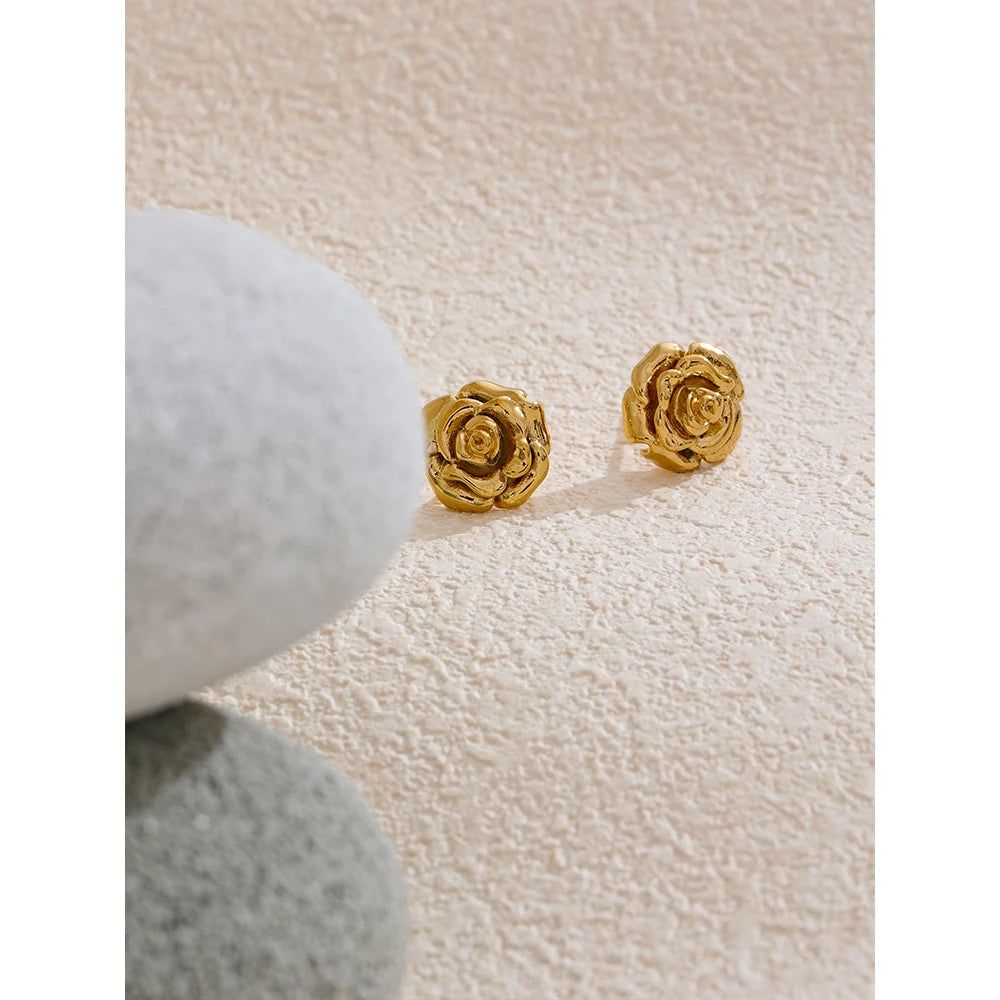 Gold Rose Flower Stud Earrings