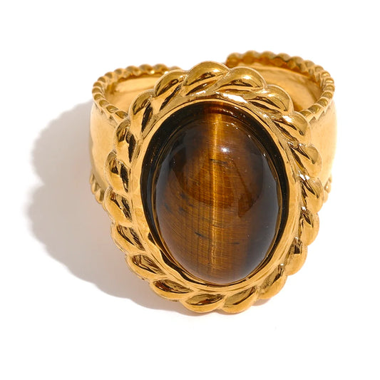 Wide Chunky Stainless Steel Ring with Inlaid Tiger Eye Stone