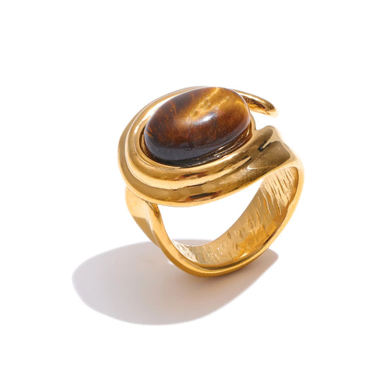 Natural Tiger Stone Stainless Steel Ring
